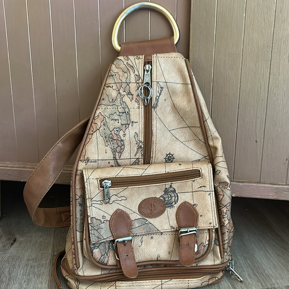 Vintage 90s Antique World Map Backpack Faux Leather 5 Pockets Tan Brown - Picture 10 of 15